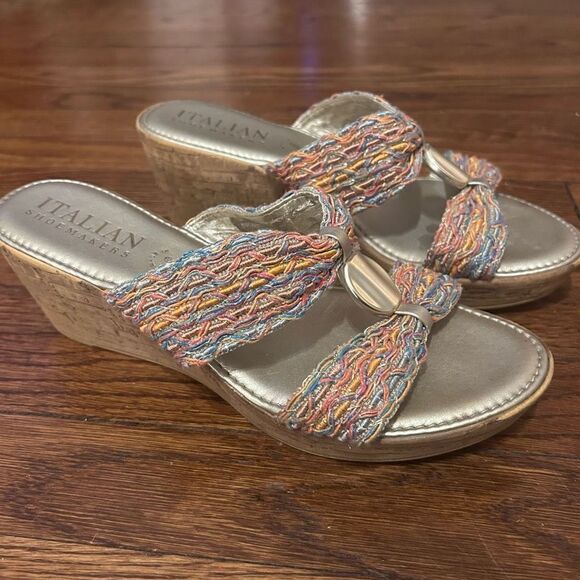 Italian Shoemakers Cork Wedge Slip On Sandals Rainbow Metallic Knit Size 9.5 EUC - Picture 1 of 9